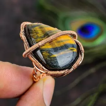 Подарочное кольцо ручной работы из медной проволоки с натуральным драгоценным камнем тигровый глаз, размер 8 J8K52