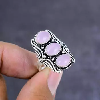 Подарочное кольцо ручной работы из стерлингового серебра 925 пробы с натуральным розовым кварцем, размер 8 U3V72