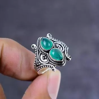 Подарочное кольцо ручной работы из стерлингового серебра 925 пробы с натуральным зеленым ониксом, размер 7 n7D65