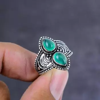 Подарочное кольцо ручной работы из стерлингового серебра 925 пробы с натуральным зеленым ониксом, размер 7 g5V55