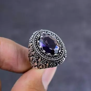 Подарочное кольцо ручной работы из стерлингового серебра 925 пробы с натуральным аметистом, размер 7,5 j1U53