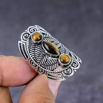 Подарочное кольцо ручной работы из стерлингового серебра 925 пробы с натуральным драгоценным камнем тигровый глаз, размер 9,5 t2I36