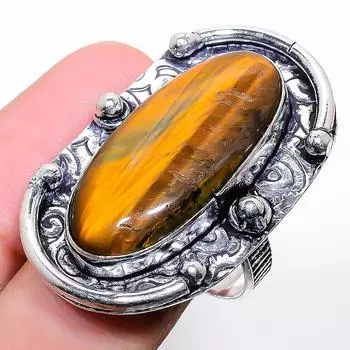 Подарочное кольцо ручной работы из стерлингового серебра 925 пробы с натуральным драгоценным камнем тигровый глаз, размер 9 I3s39
