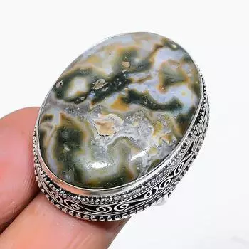 Подарочное кольцо ручной работы из стерлингового серебра 925 пробы с натуральным драгоценным камнем океанской яшмы, размер 7 j9n90