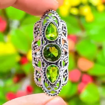 Подарочное кольцо ручной работы из стерлингового серебра 925 пробы с натуральным драгоценным камнем перидот, размер 6,5 H3L68