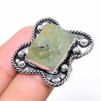 Подарочное кольцо ручной работы из стерлингового серебра 925 пробы с натуральным драгоценным камнем пренитом, размер 7 o7n35