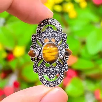 Подарочное кольцо ручной работы из стерлингового серебра 925 пробы с натуральным драгоценным камнем тигровый глаз, размер 7 c3n20