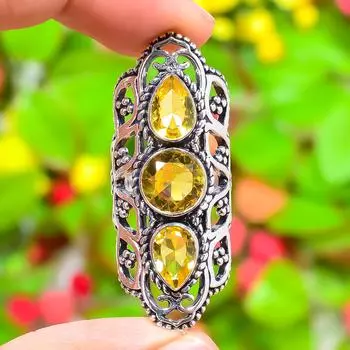 Подарочное кольцо ручной работы из стерлингового серебра 925 пробы с натуральным цитрином, размер 6 j7o31