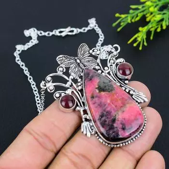 Подарочное колье из стерлингового серебра 925 пробы с натуральным родонитом и ониксом, 18 дюймов L9A41