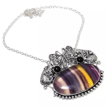 Подарочное колье из стерлингового серебра 925 пробы с натуральным флюоритом и ониксом, 18 дюймов v8j59