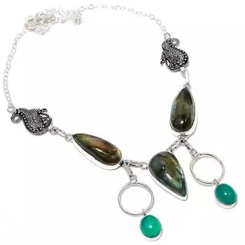 Подарочное колье из стерлингового серебра 925 пробы с натуральным лабрадоритом и ониксом, 18 дюймов P2r93