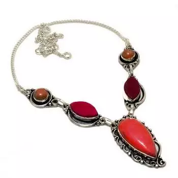 Подарочное колье с итальянским красным кораллом, медью, оранжевой бирюзой и драгоценным камнем 18 дюймов 18 красный