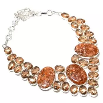 Подарочное ожерелье из стерлингового серебра 925 пробы с натуральным клубничным кварцем и морганитом 18 дюймов F0D51