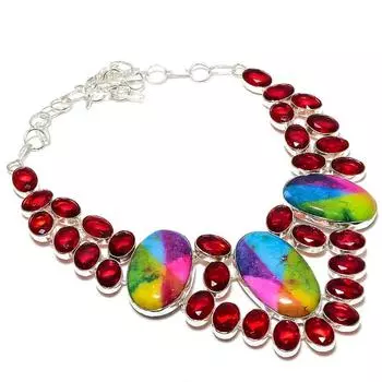 Подарочное ожерелье из стерлингового серебра 925 пробы с натуральным радужным солнечным кварцем и гранатом 18 дюймов L0e63