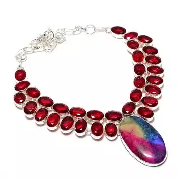 Подарочное ожерелье из стерлингового серебра 925 пробы с натуральным радужным солнечным кварцем и гранатом 18 дюймов h4V08