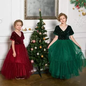 Подарочное рождественское платье принцессы для девочек, детский костюм с длинными рукавами и блестками, свадебные вечерние детские платья для девочек на день рождения 120 зелёный