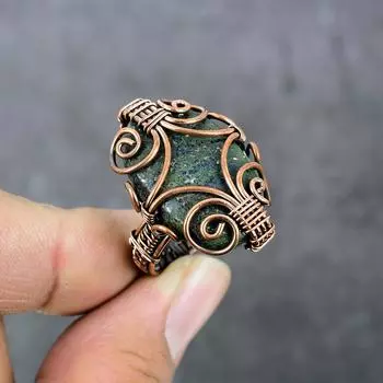 Подарочное ювелирное кольцо с натуральным азуритом и малахитом, медная проволока, размер 9, R6A49