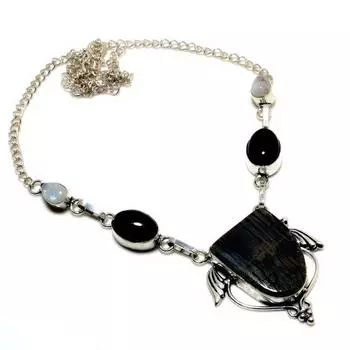 Подарочное ювелирное ожерелье с черным тигровым глазом, радужным лунным камнем и драгоценным камнем, 18 дюймов 18 чёрный