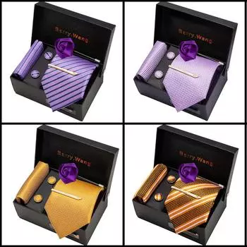 Подарочные галстуки Barry.Wang для мужчин, шелковый галстук, носовой платок, запонки, бутоньерка, зажим для галстука с подарочной коробкой N-5308