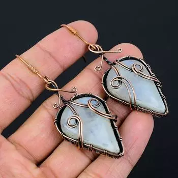 Подарочные серьги из медной проволоки с натуральным радужным лунным камнем 2,95 C7z83