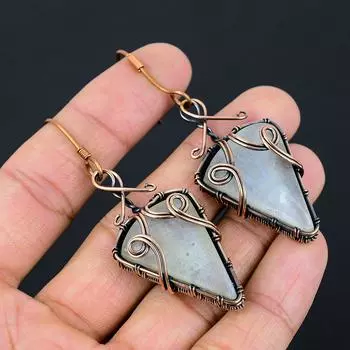 Подарочные серьги из медной проволоки с натуральным радужным лунным камнем 2,76 E3K37