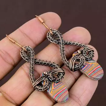 Подарочные серьги из медной проволоки с натуральным радужным кальцинированным камнем 2,76 Q7i50