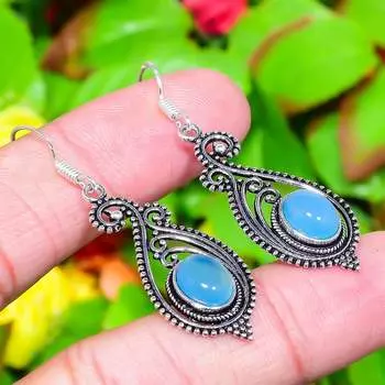 Подарочные серьги из стерлингового серебра 925 пробы с натуральным аква-халцедоном 2,01 дюйма J9g52