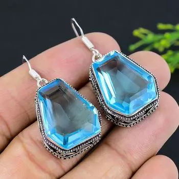 Подарочные серьги из стерлингового серебра 925 пробы с натуральным швейцарским голубым топазом, 1,77 дюйма, W3t85