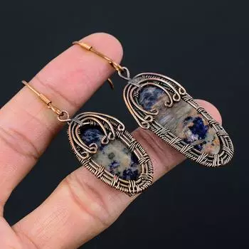 Подарочные серьги ручной работы из медной проволоки с натуральным драгоценным камнем содалитом 2,87 A4z42