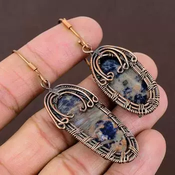 Подарочные серьги ручной работы из медной проволоки с натуральным драгоценным камнем содалитом 2,87 M0R17