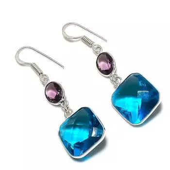 Подарочные серьги ручной работы из стерлингового серебра 925 пробы с натуральным лондонским голубым топазом 1,97 дюйма M3c50