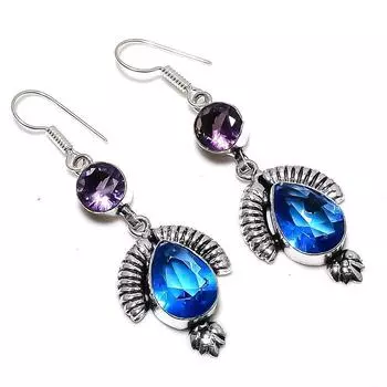 Подарочные серьги ручной работы из стерлингового серебра 925 пробы с натуральным лондонским голубым топазом 2,25 дюйма q3c18