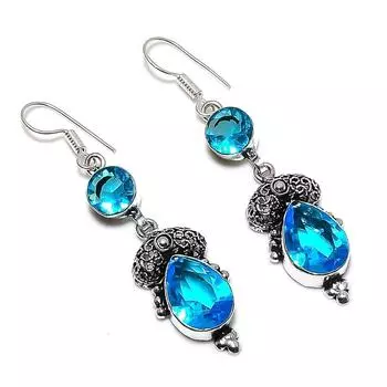 Подарочные серьги ручной работы из стерлингового серебра 925 пробы с натуральным лондонским голубым топазом 2,36 дюйма q7A12