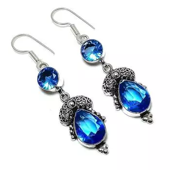 Подарочные серьги ручной работы из стерлингового серебра 925 пробы с натуральным лондонским голубым топазом 2,17 дюйма H4O68