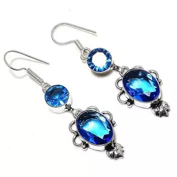 Подарочные серьги ручной работы из стерлингового серебра 925 пробы с натуральным лондонским голубым топазом 2,17 дюйма j4T05