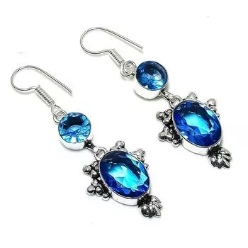 Подарочные серьги ручной работы из стерлингового серебра 925 пробы с натуральным лондонским голубым топазом 2,17 дюйма Y8v26