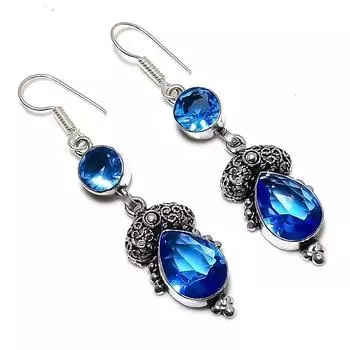 Подарочные серьги ручной работы из стерлингового серебра 925 пробы с натуральным лондонским голубым топазом 2,36 дюйма P9P77