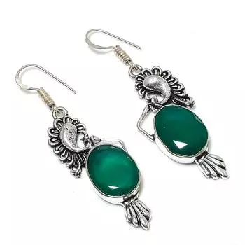 Подарочные серьги ручной работы из стерлингового серебра 925 пробы с натуральным зеленым ониксом 2,32 дюйма Z8i82