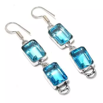 Подарочные серьги ручной работы из стерлингового серебра 925 пробы с натуральным синим топазом 2,36 дюйма c5p41