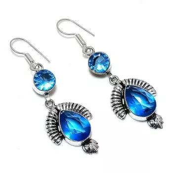 Подарочные серьги ручной работы из стерлингового серебра 925 пробы с натуральным лондонским голубым топазом 2,36 дюйма n5q20