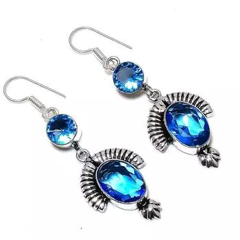 Подарочные серьги ручной работы из стерлингового серебра 925 пробы с натуральным лондонским голубым топазом 2,29 дюйма E8s50