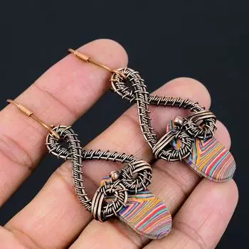 Подарочные серьги в обертке из медной проволоки с натуральным радужным кальциевым кремнеземом 2,76 g1z21