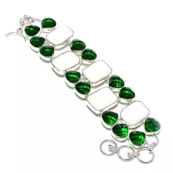 Подарочный браслет ручной работы из стерлингового серебра 925 пробы с натуральным белым кораллом и диопсидом 8 дюймов P4f67