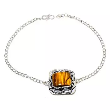 Подарочный браслет ручной работы из стерлингового серебра 925 пробы с натуральным драгоценным камнем тигрового глаза 8 дюймов C3S47