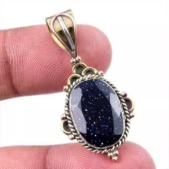 Подарочный двухцветный кулон из чистого серебра 925 пробы с натуральным синим солнечным камнем, размер 1,50 дюйма, N1f74
