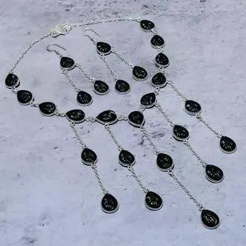 Подарочный комплект ювелирных изделий из серебра 925 пробы с натуральным черным ониксом T5J29