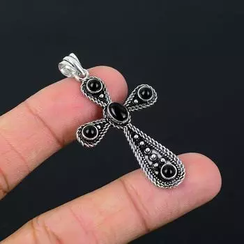 Подарочный крест-кулон ручной работы из стерлингового серебра 925 пробы с натуральным черным ониксом 2,10 дюйма t3V11