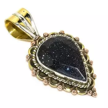 Подарочный кулон из чистого серебра 925 пробы с натуральным синим солнечным камнем, двухцветный, 1,50 дюйма, n5y33