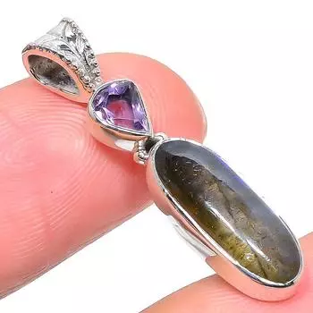 Подарочный кулон из чистого серебра 925 пробы с натуральным лабрадоритом и аметистом 1,38 дюйма F8K06