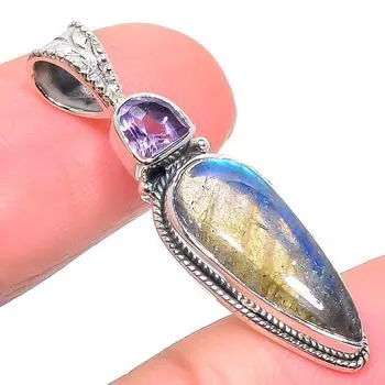 Подарочный кулон из чистого серебра 925 пробы с натуральным лабрадоритом и аметистом 1,42 дюйма p5a58